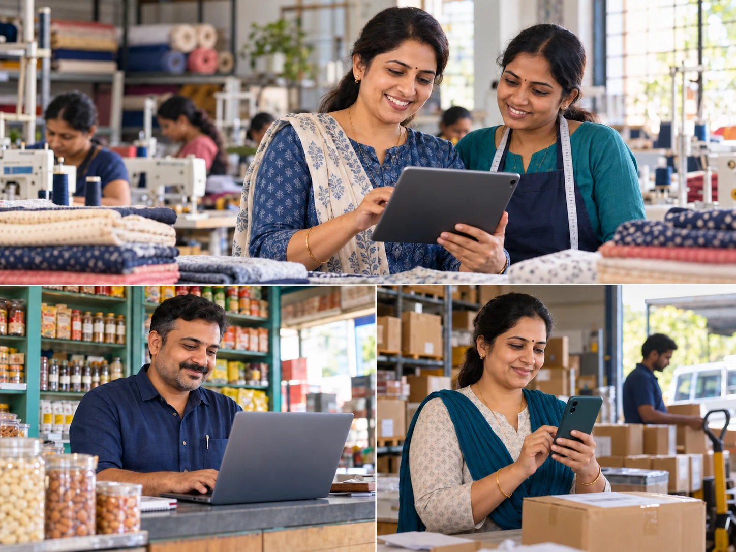 Illustrative scenes of confident small and medium business owners using digital tools in a workshop, retail shop and distribution business