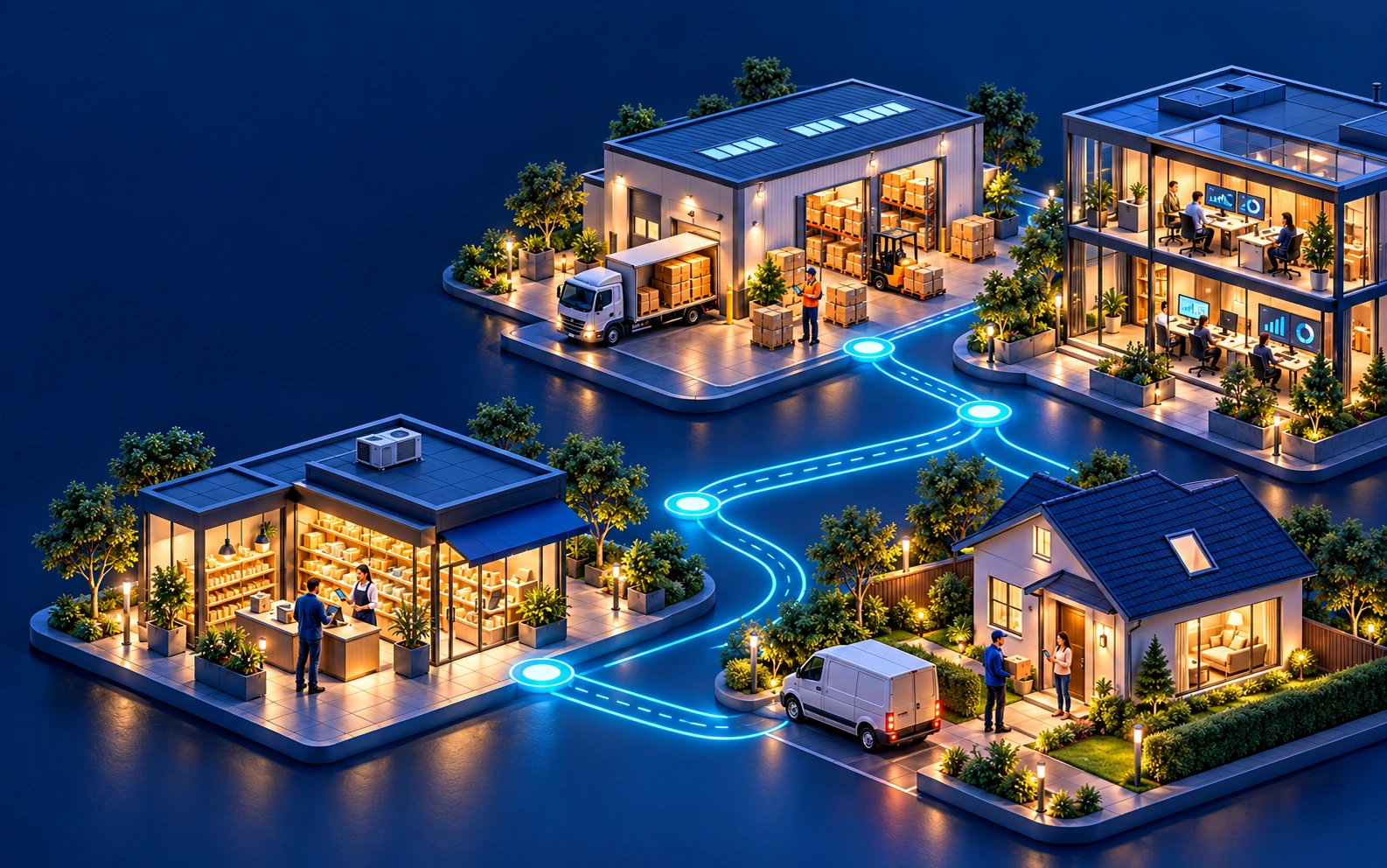 Four distinct business locations connected by sales and distribution: a retail store taking an order, a dispatch warehouse, a head office monitoring work, and a customer home awaiting delivery
