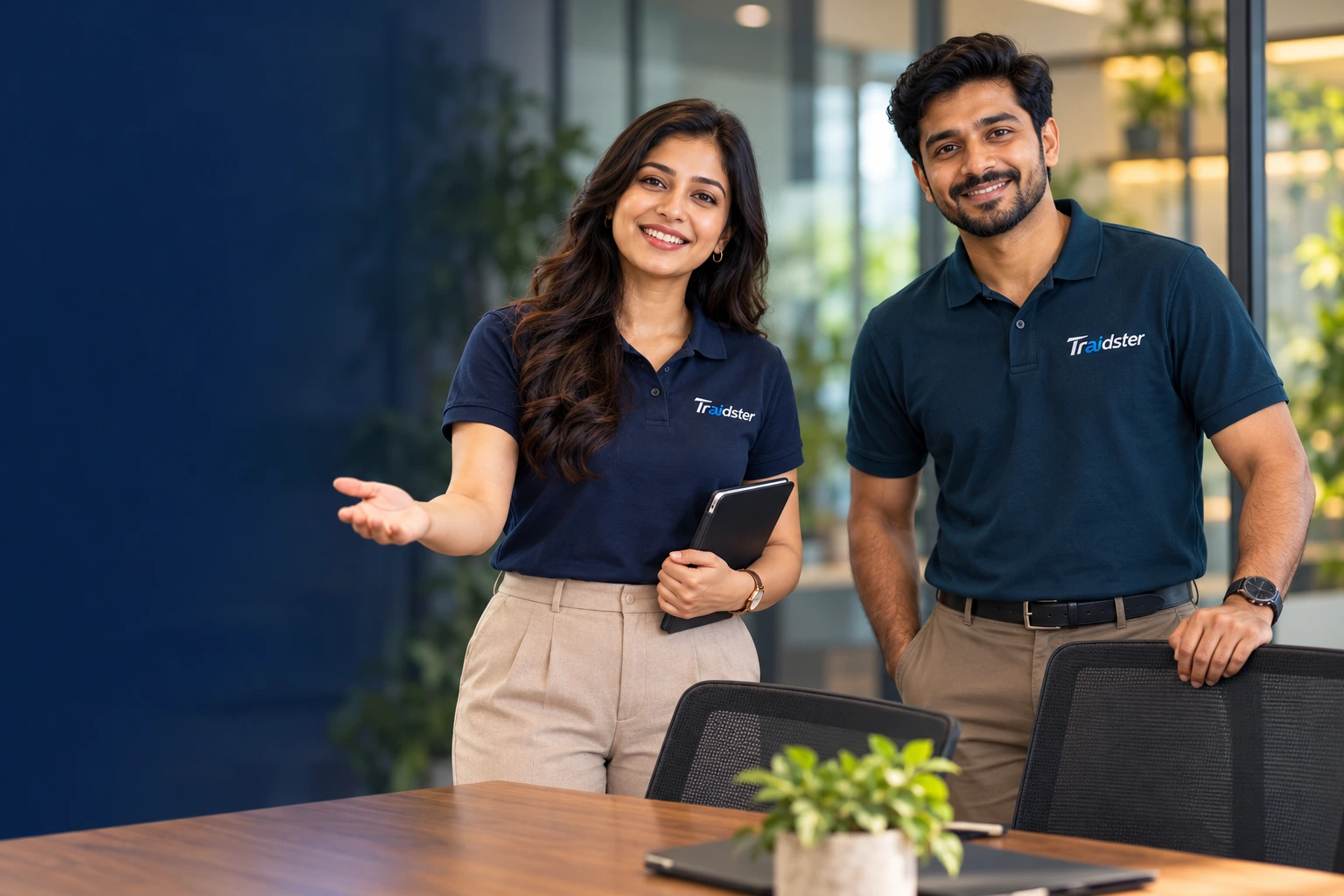 Illustrative Traidster sales representatives smiling and welcoming you to a meeting