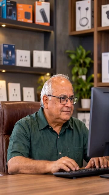 Business owner working at a desktop in his electrical goods store