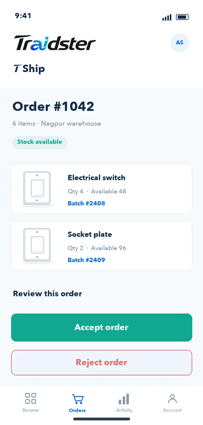 Illustrative TShip order showing stock availability and accept or reject actions